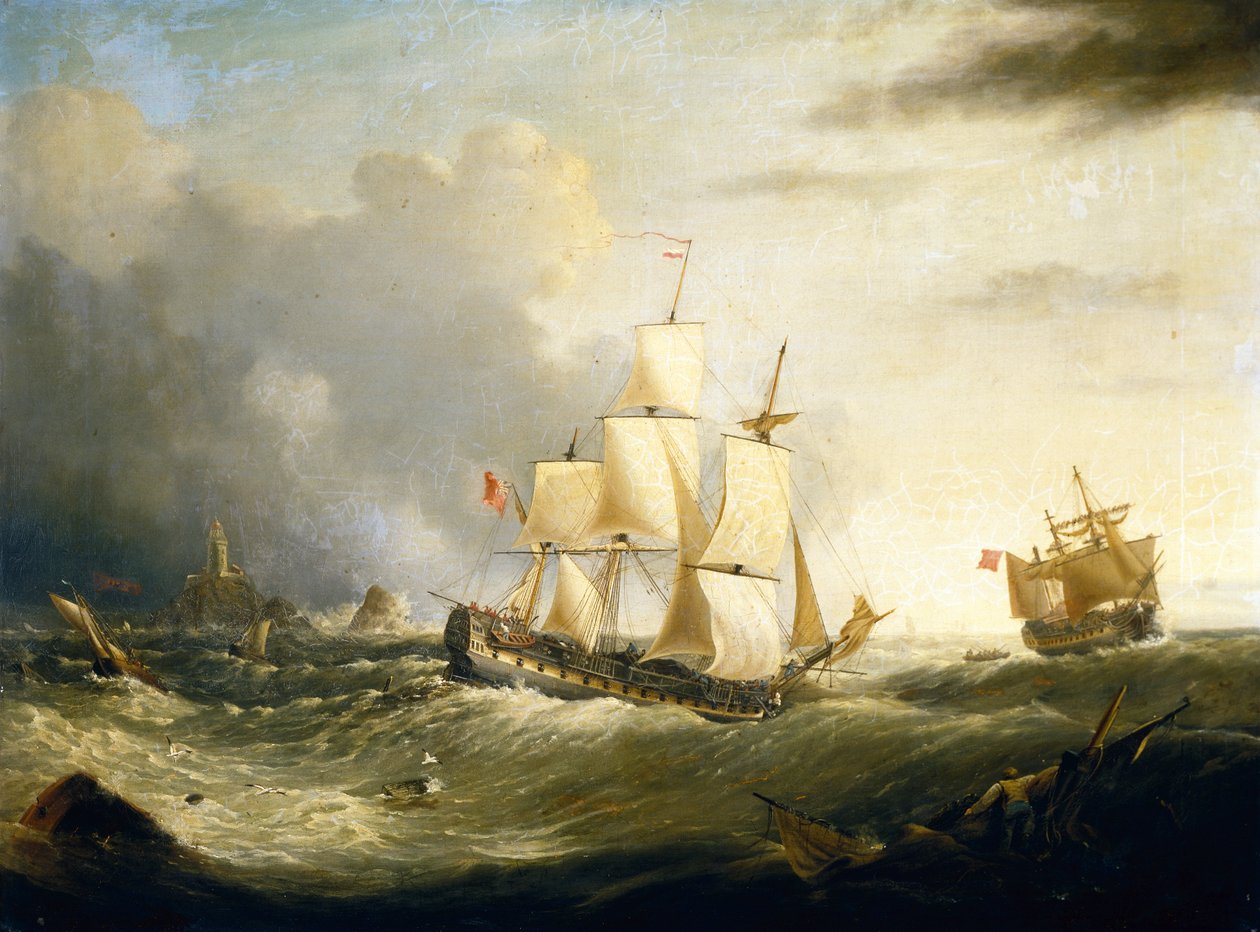 Two Deckers a Longships Lighthouse mellett, Lands End (olaj, vászon) alkotó: Ebenezer Colls