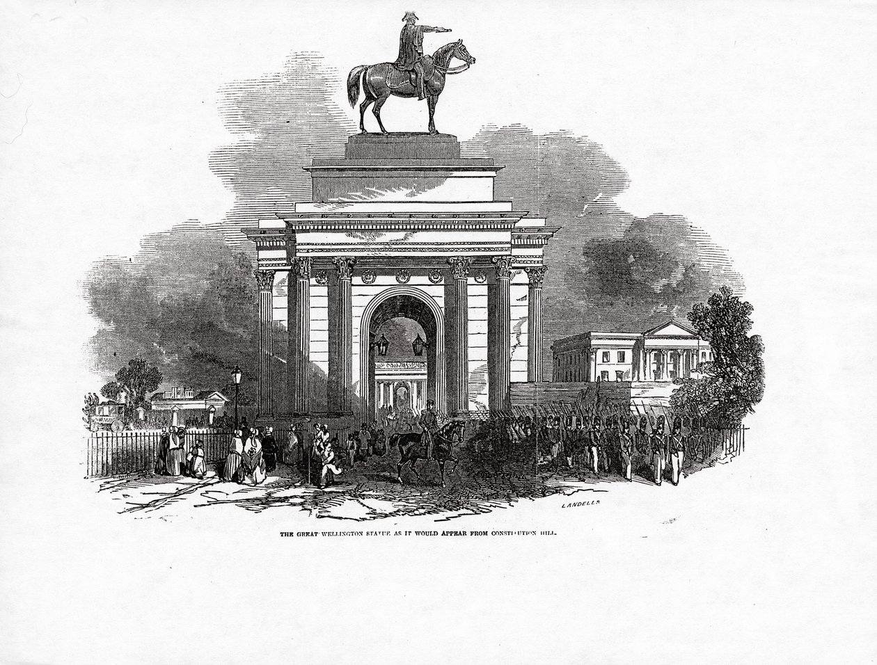 A Great Wellington-szobor, ahogyan az a Constitution Hillből látszik, megjelent a „The Illustrated London News”-ban, 1846. október 3. alkotó: Ebenezer Landells