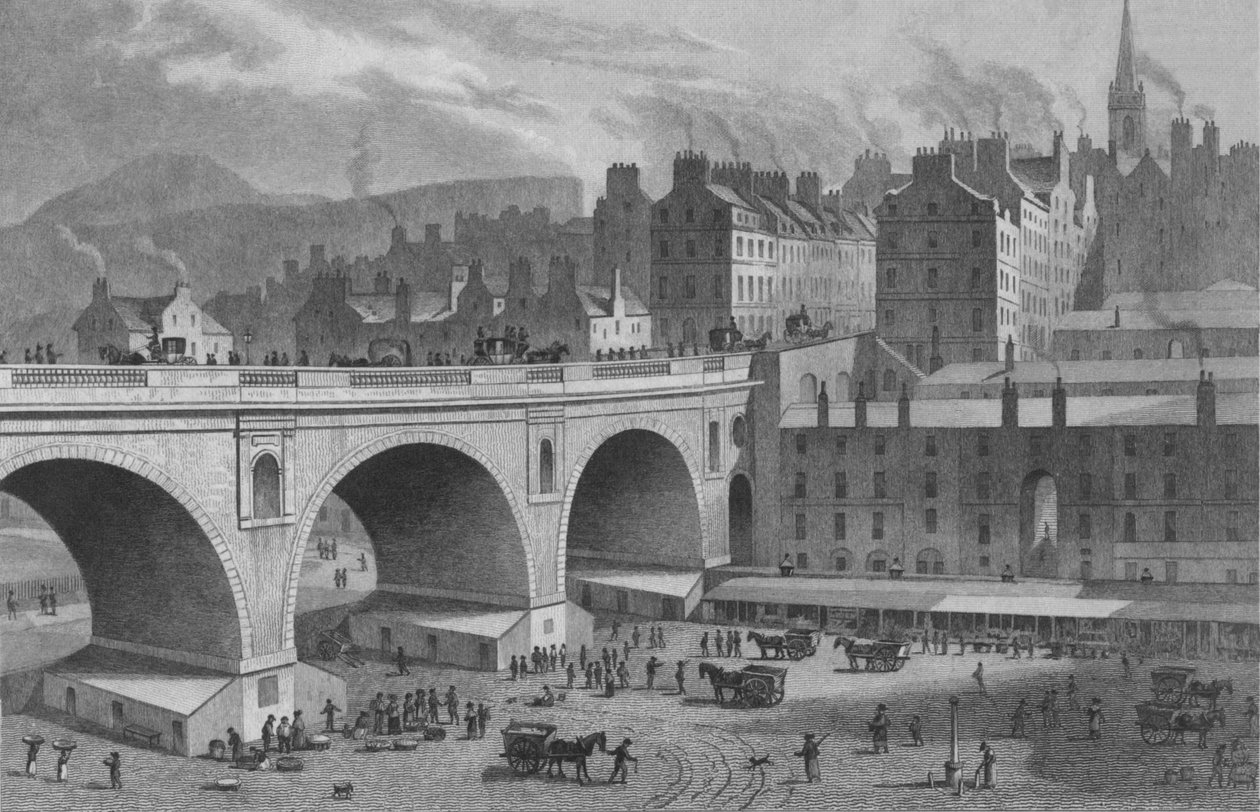 Zöldség- és halpiac, a Rainbow Galleryből, Edinburgh, 1830. alkotó: Ebenezer Stalker