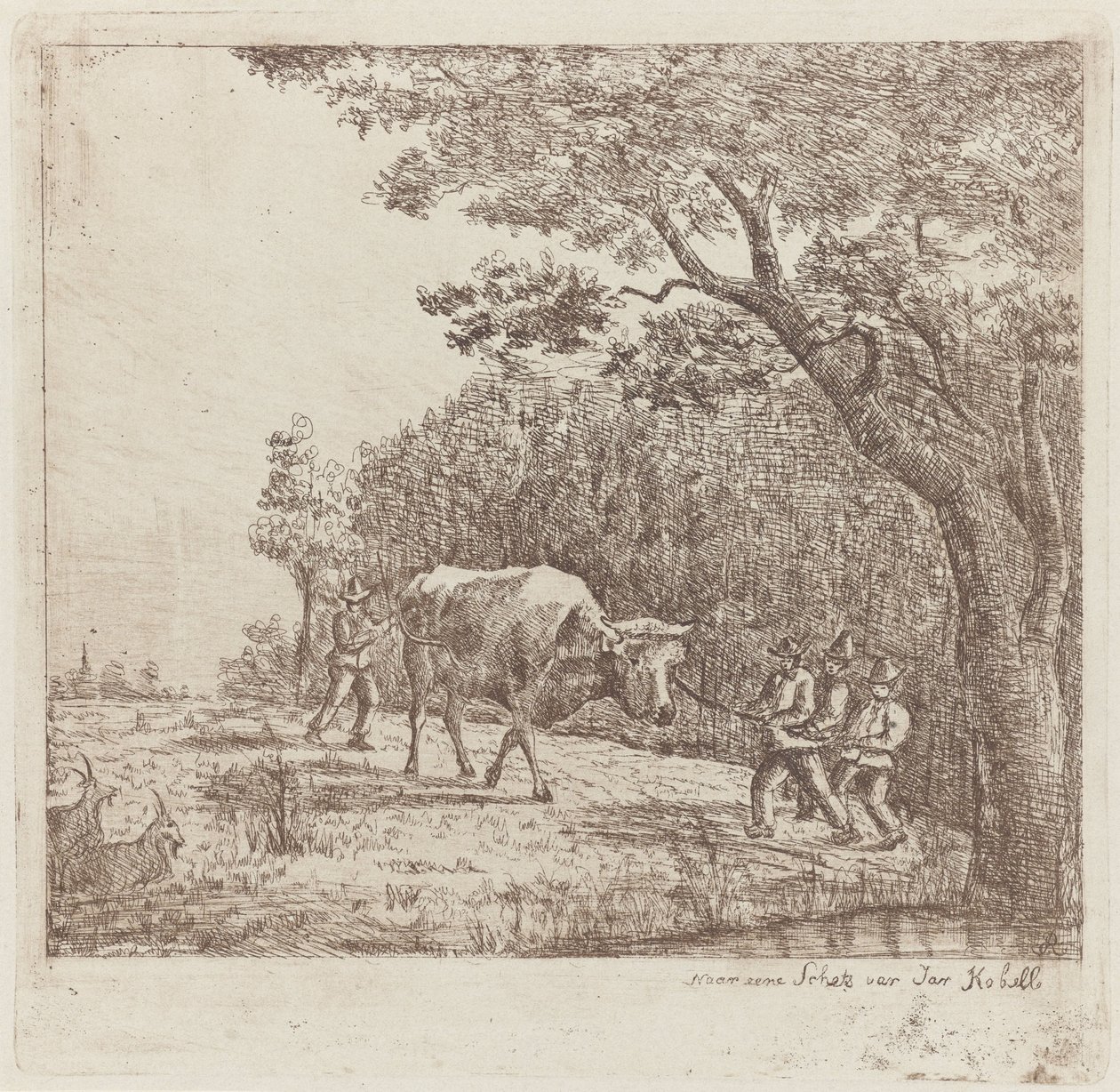 Négy férfi és egy bika Egy vad bika (cím a tárgyon) alkotó: Eberhard Cornelis Rahms