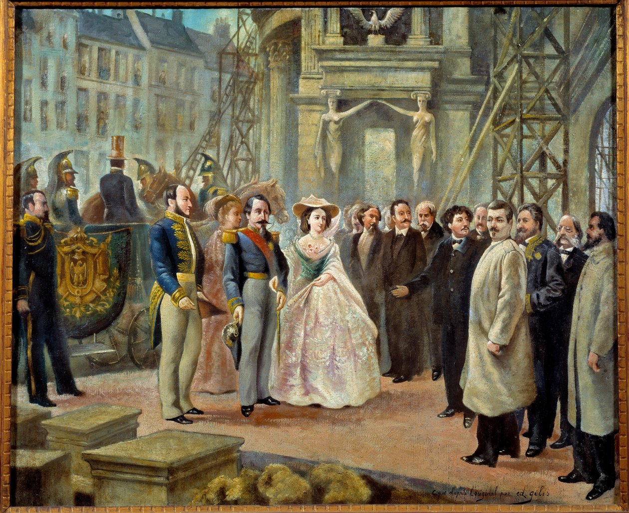 III. Napóleon (1808-1873) és Imperatrice Eugenie (1826-1920) a párizsi Opera Garnier alkotásait látogatják. III. Napóleontól balra Georges Haussmann báró (1809-1891) és Charles Garnier felemelt karral (1828-1885) az Imprestől jobbra. alkotó: Ed. (after) Gilis