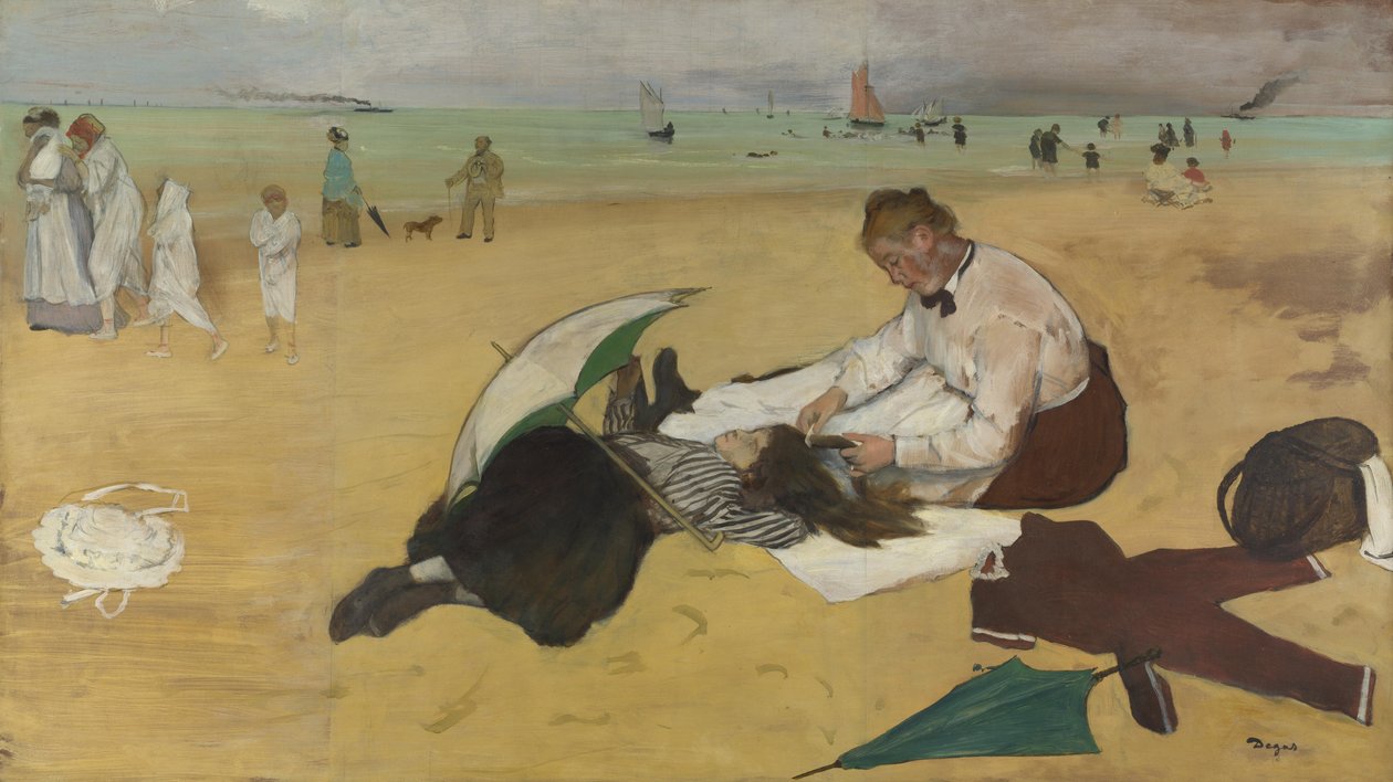 Tengerparti jelenet: kislány, akinek a haját fésüli a dadája, 1876-77 körül (olaj, papír) alkotó: Edgar Degas