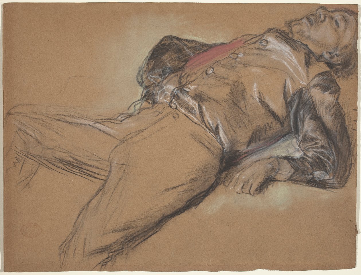Fallen Jockey (tanulmány a Scene from the Steeplechase: The Fallen Jockey című filmhez), 1866 körül (fekete kréta és pasztell barna szőtt papíron) alkotó: Edgar Degas