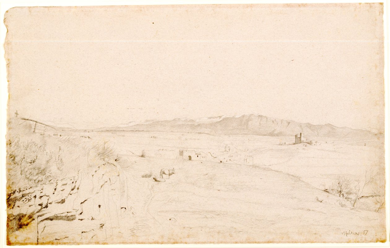 Római táj, valószínűleg a Monte Lepinivel szemben, Velletri városán túl, 1857 (grafit rózsaszín szőtt papíron) alkotó: Edgar Degas