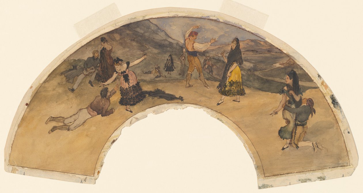 Spanyol táncosok és zenészek, 1868-1869 (wc, toll és fekete tinta szőtt papíron) alkotó: Edgar Degas