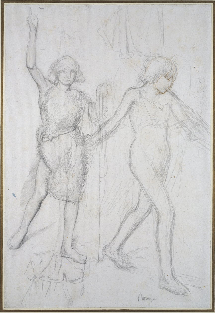 Keresztelő Szent János angyallal, aki előtte sétál, jobb oldalon (ceruza tollal és barna tintával a papíron) alkotó: Edgar Degas