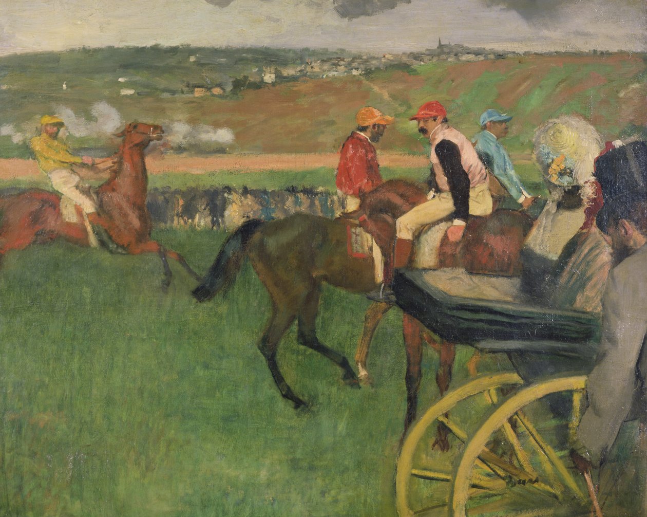 A versenypálya - amatőr zsokék egy kocsi mellett, 1876-87 körül alkotó: Edgar Degas
