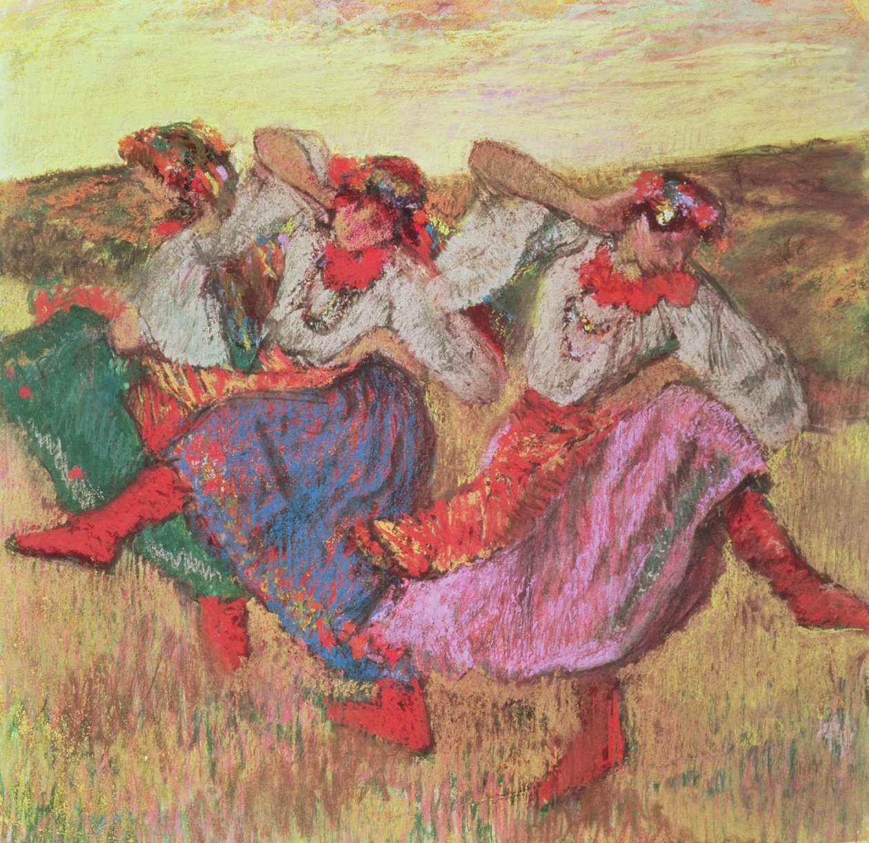 Három táncos parasztjelmezben (pasztell) alkotó: Edgar Degas
