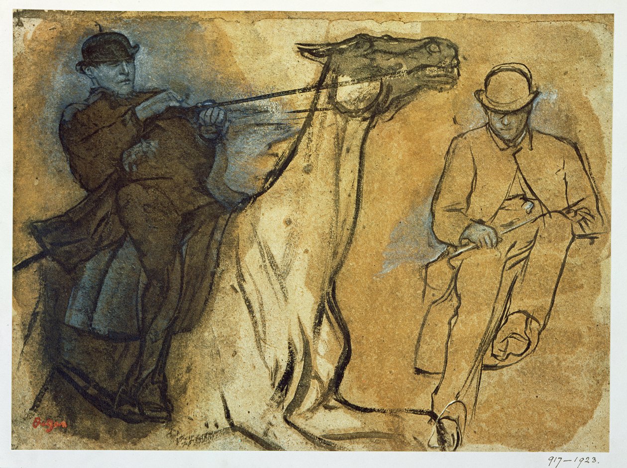 Két tanulmány lovasokról (toll és tinta, olaj és gouache, buff papírra) alkotó: Edgar Degas