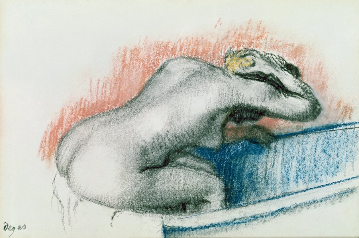 A fürdőben mosdó nő, 1892 körül (pasztell a kártyán) alkotó: Edgar Degas