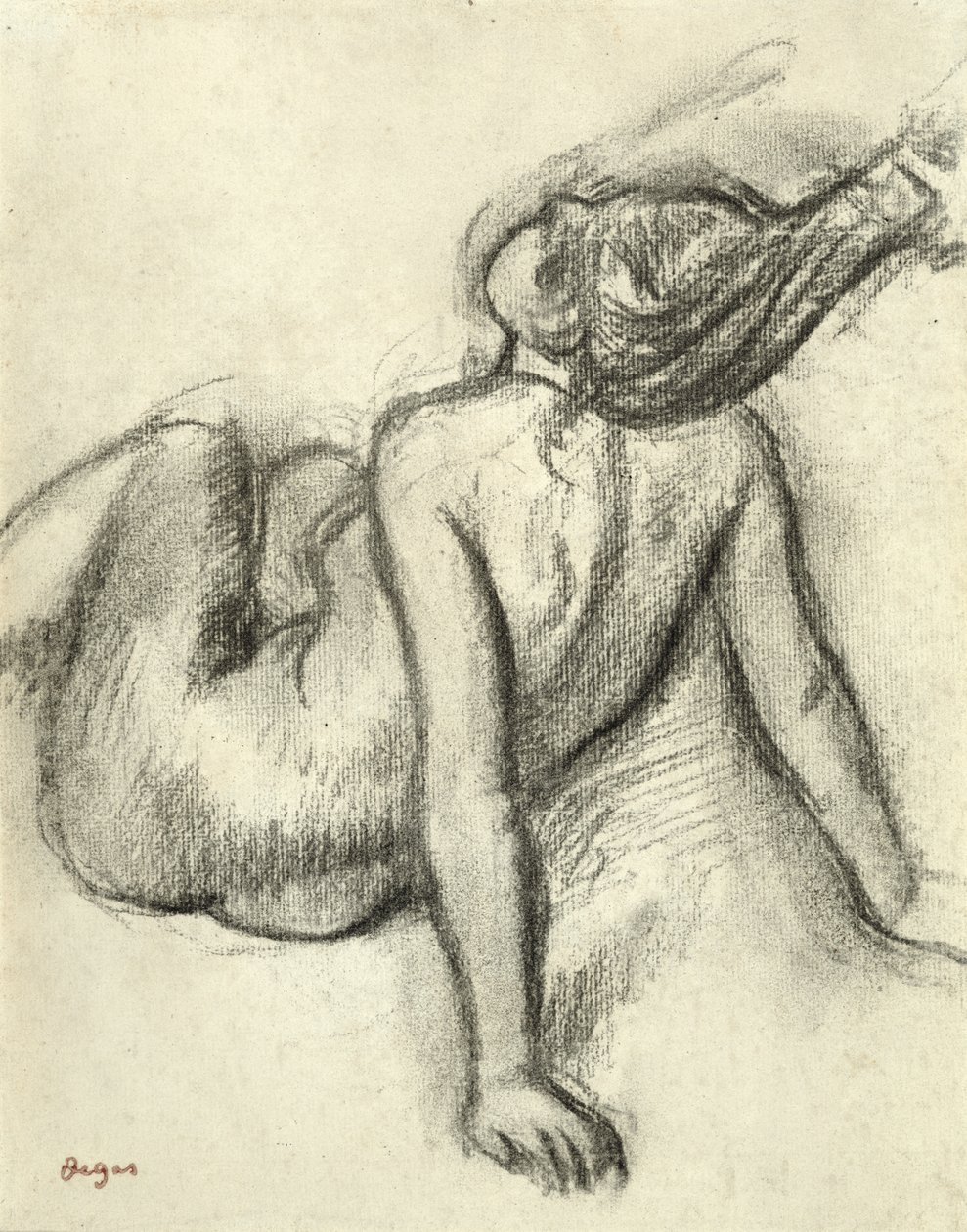 Haját formázó nő (faszén, papíron) alkotó: Edgar Degas