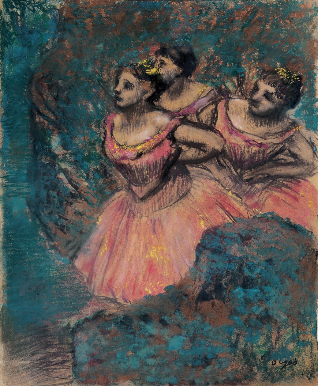 Három táncos piros jelmezben alkotó: Edgar Degas