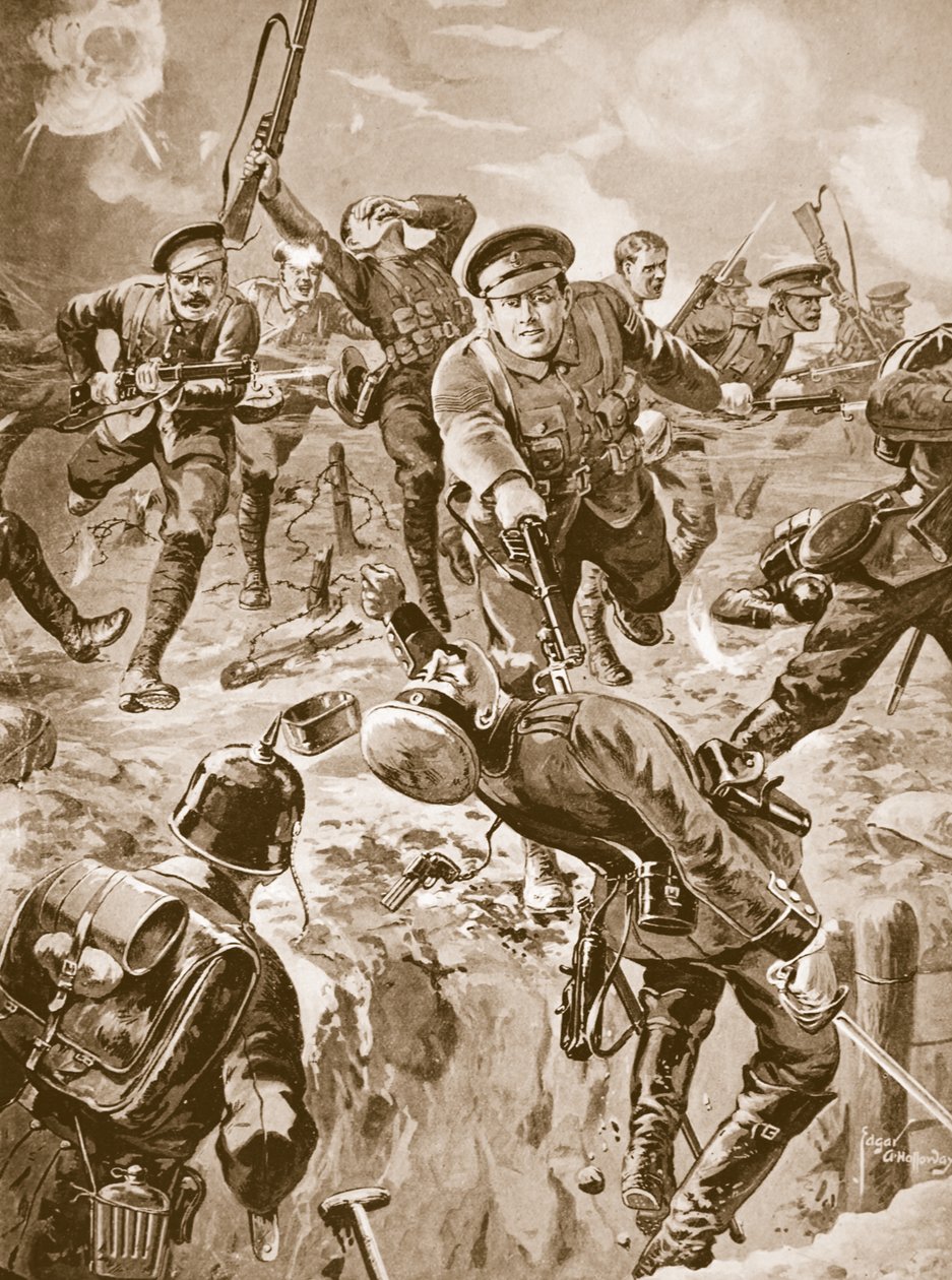 J. Davies tizedes és nyolc férfi a bajonettel egy csapat németet, akik korábban körülvették őket (litho) alkotó: Edgar Alfred Holloway