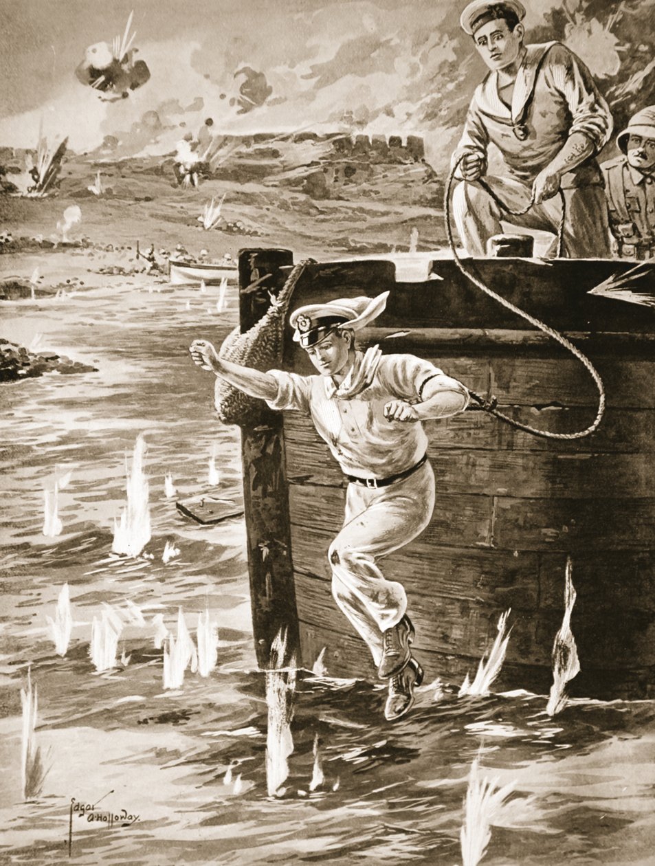 Midshipman Malleson egy kötéllel ugrott egy bárkáról, hogy összekapcsoljon egy másik uszályt, amely sodródott alkotó: Edgar Alfred Holloway