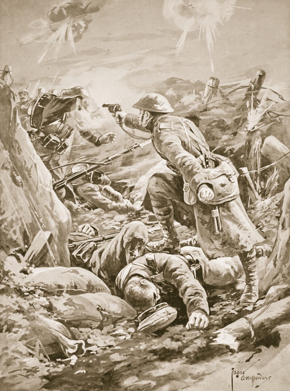 L. Clarke közlegény (tizedes-helyettes), egymagában tartja sakkban a németek egy csoportját egy ellentámadás során. alkotó: Edgar Alfred Holloway