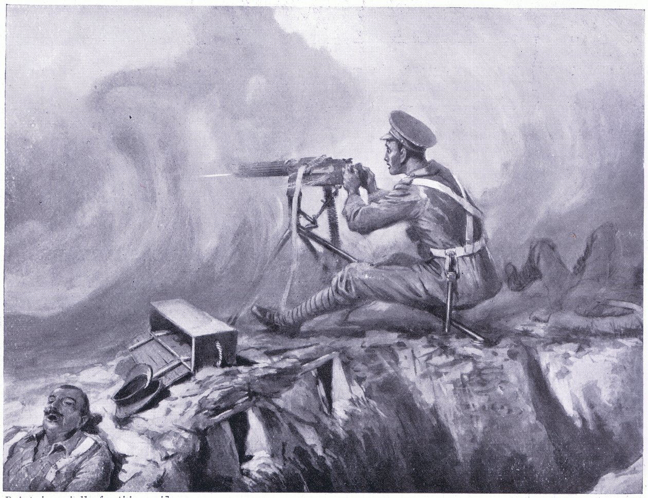 Lynn közlegény gázmérgezésben haldoklik, gépfegyvert szolgál ki, és lever egy német támadást. Ypres 1915. április alkotó: Edgar Alfred Holloway
