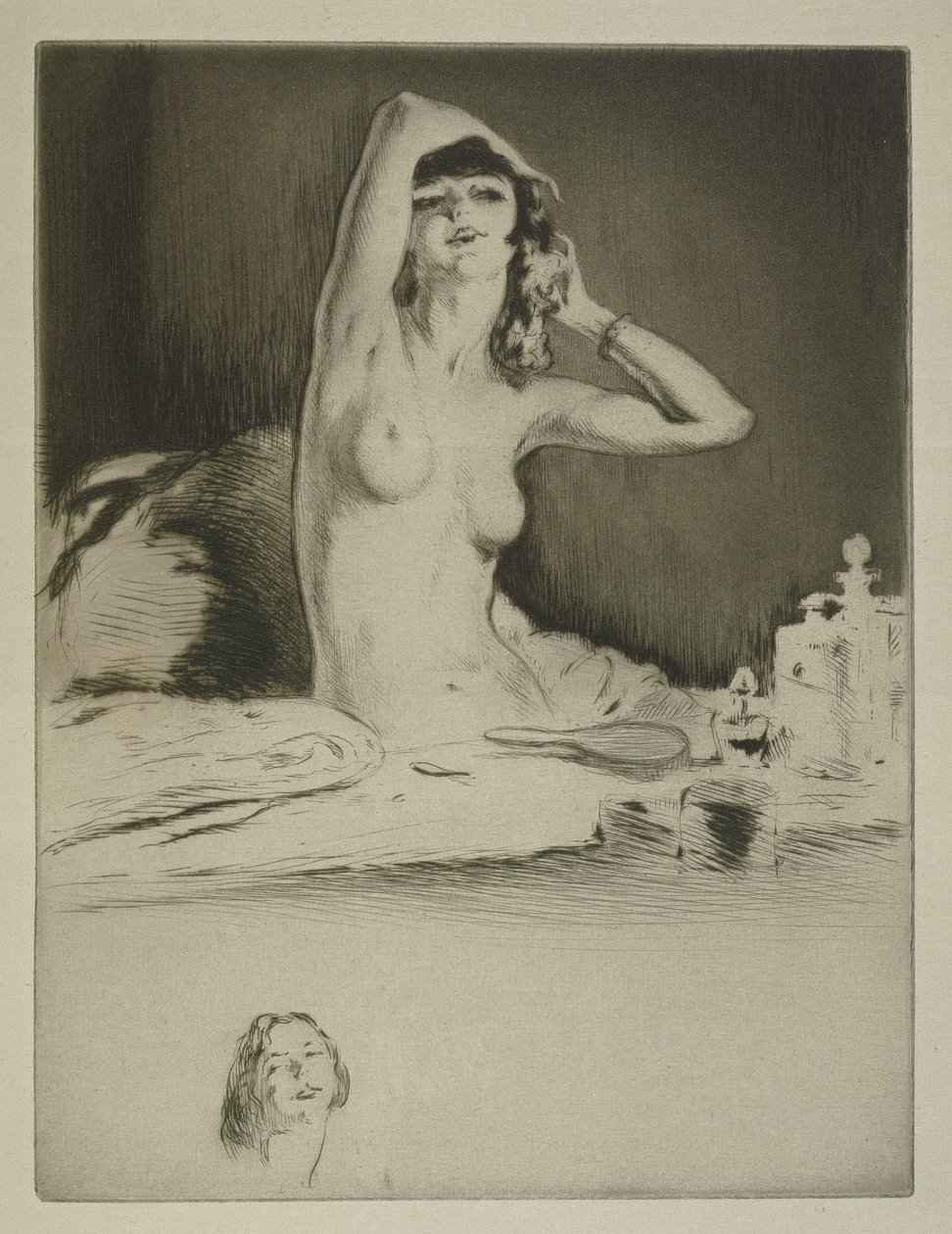 Egy nő a vécéjénél, illusztrációja Sidonie-Gabrielle Colette (1873-1954) „Mitsou”-jához, 1930-ban (rézkarc és szárazhús) alkotó: Edgar Chahine