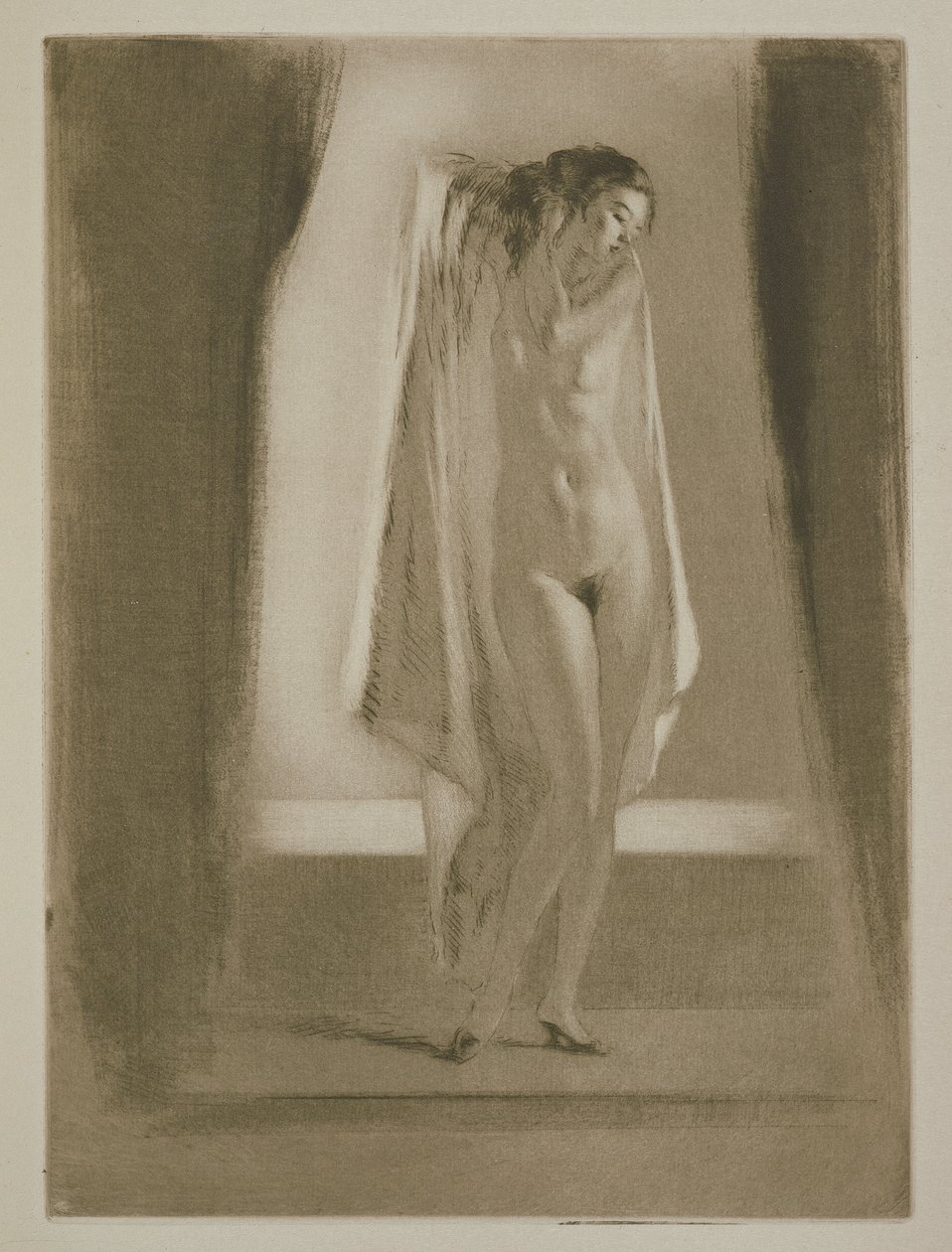 Egy nő kiszáll a fürdőből, Sidonie-Gabrielle Colette (1873-1954) 1930-ban megjelent „Mitsou” című illusztrációja (rézkarc és szárazhús) alkotó: Edgar Chahine