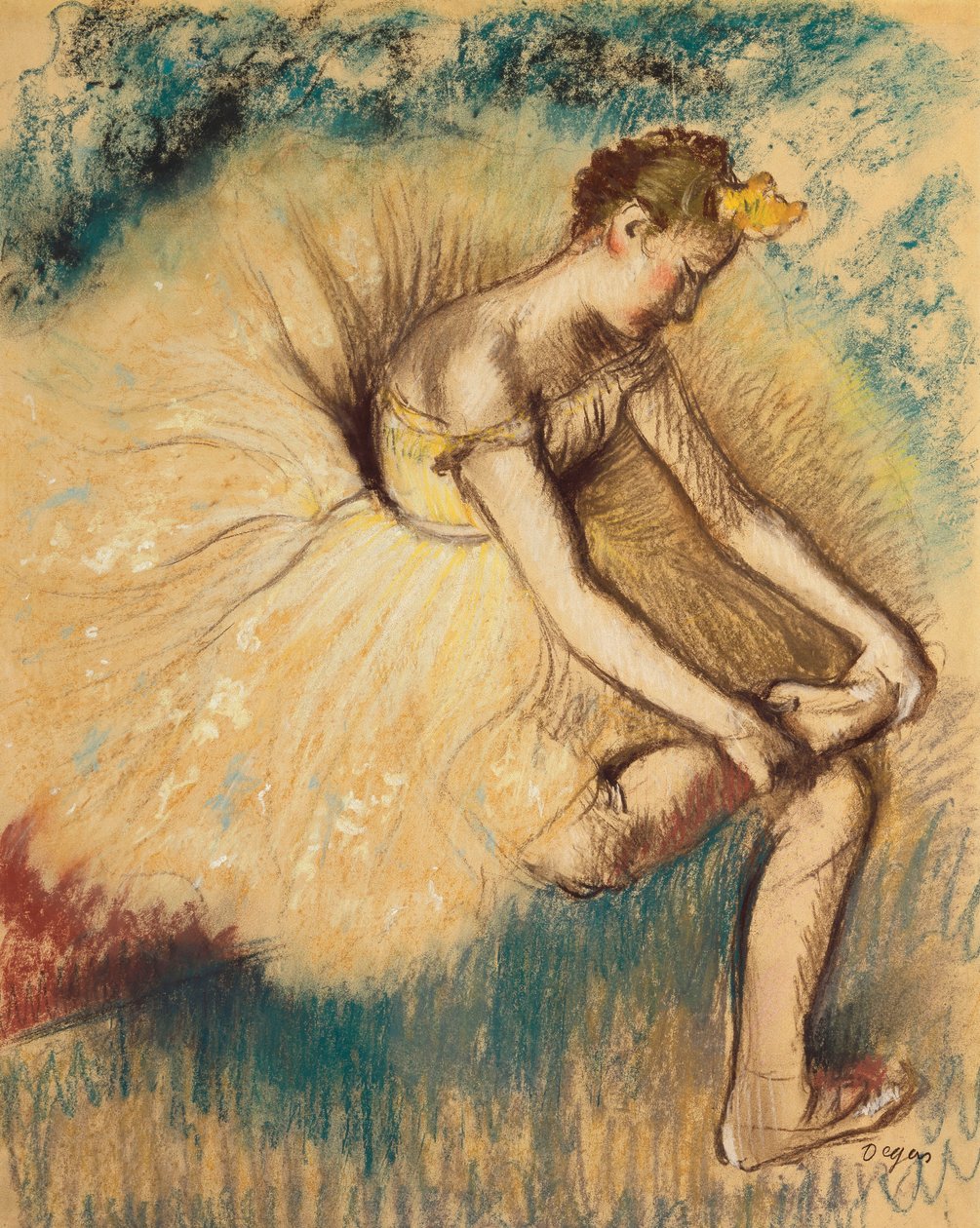 Egy táncos, aki felveszi a cipőjét; Táncosnő köti a cipőjét, 1896 alkotó: Edgar Degas