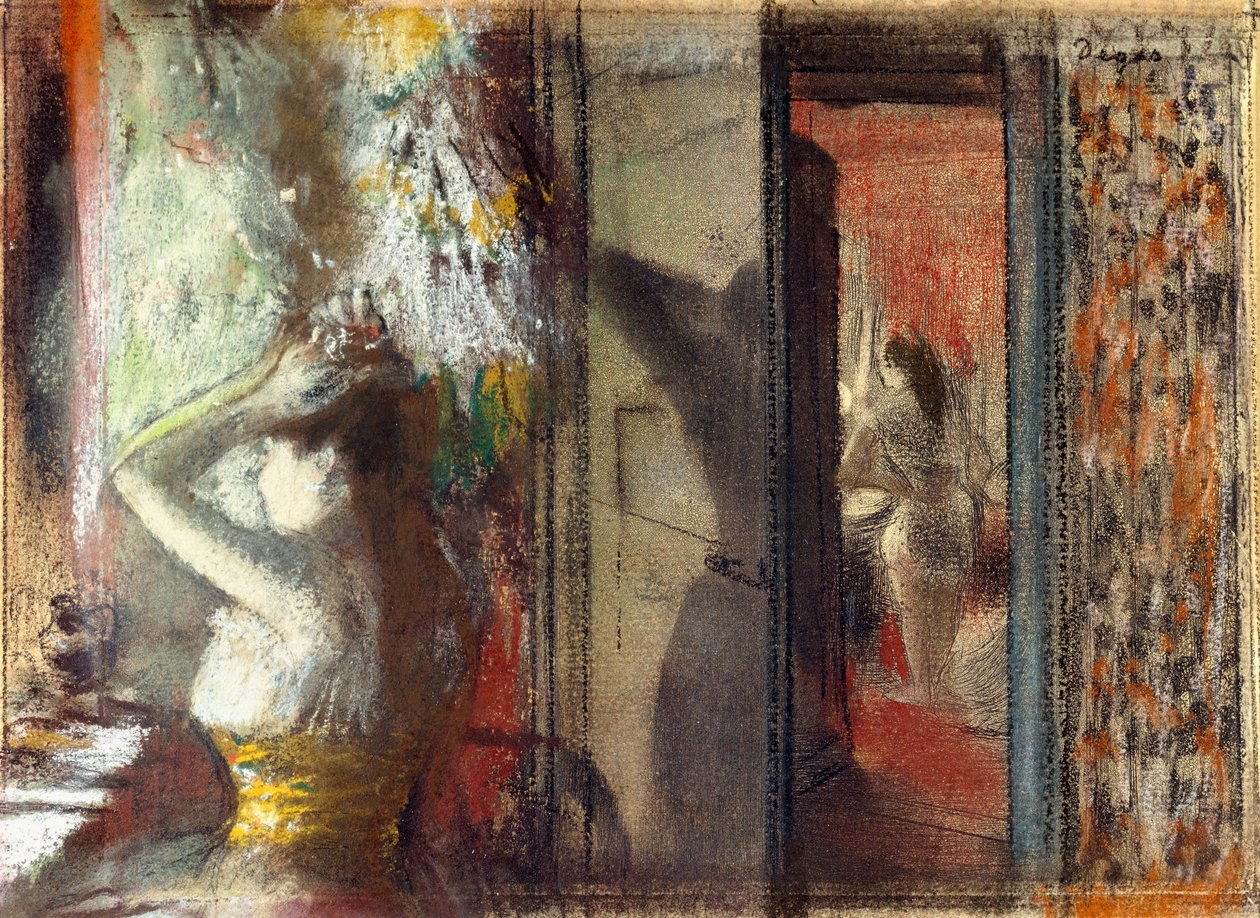 Színésznők öltözője, 1885 körül (pasztell rézkarc papíron) alkotó: Edgar Degas