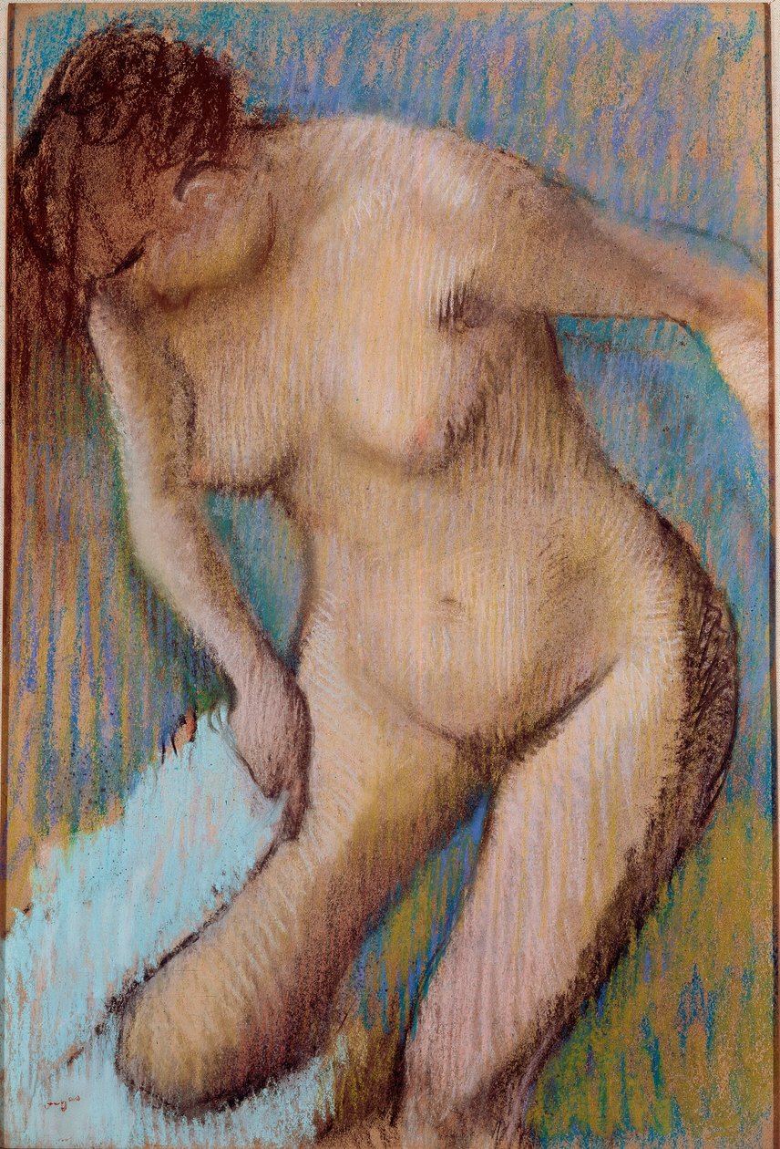 Fürdés után meztelen nő törölgette a jobb combját. Edgar Degas (1834-1917) pasztellfestménye 1866 V. 72x49 cm Róma, Galleria d