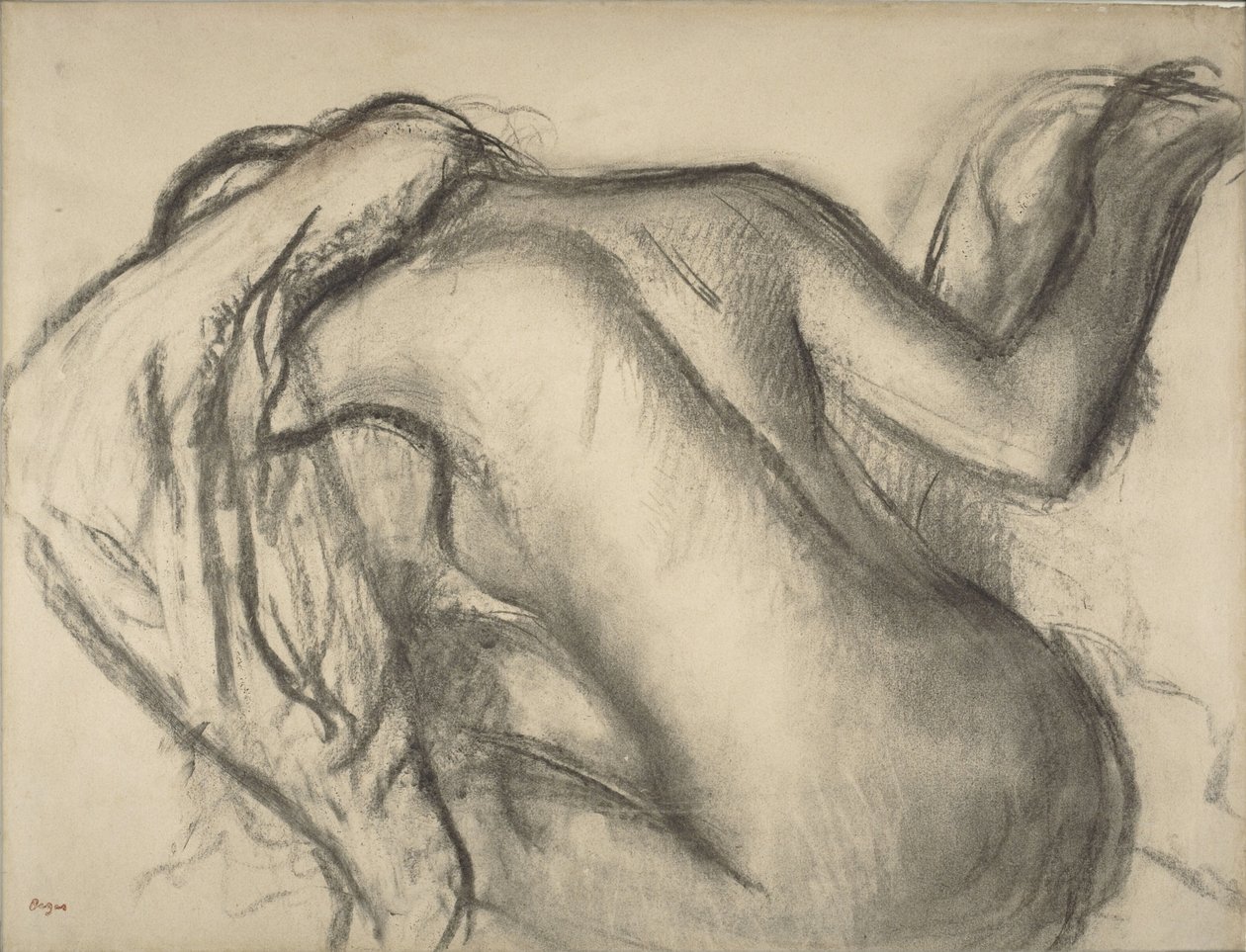 Fürdés után hajszárító nő, 1893-98 körül (szén és barna kréta papíron) alkotó: Edgar Degas