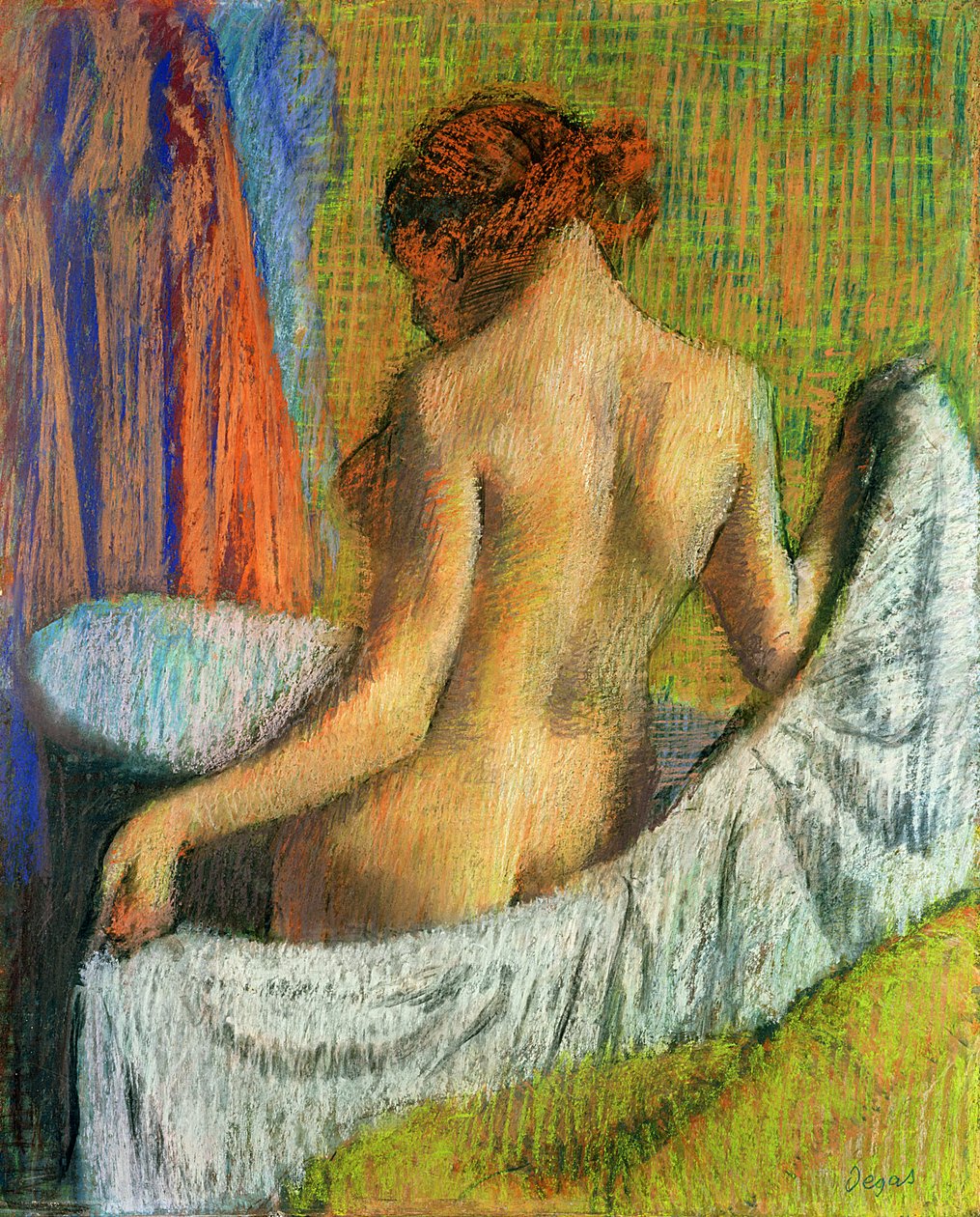 Fürdő után, nő törülközővel, 1885-90 körül (pasztell szőtt papíron) alkotó: Edgar Degas