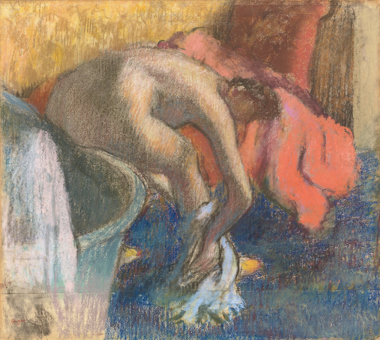 A fürdő után nő szárítja a lábát alkotó: Edgar Degas