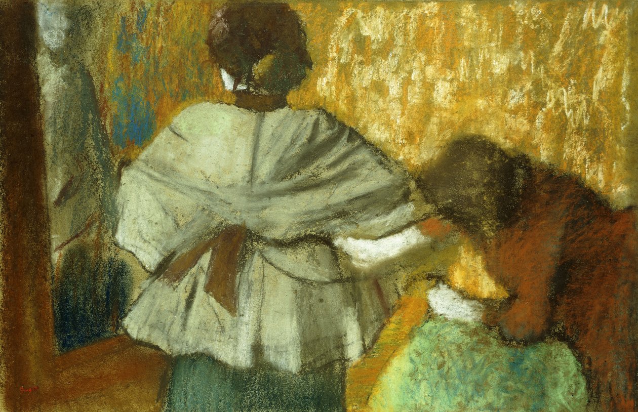 A Varrónőnél a Fitting; Varrónőnél, Illeszkedés, 1882 alkotó: Edgar Degas