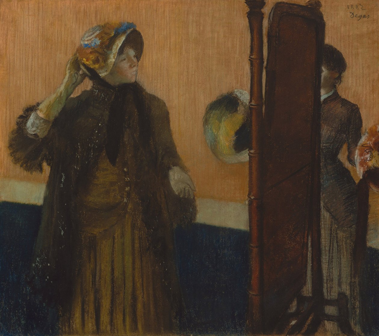 A Millinersnél, 1882 (Pasztell, halványszürke szőtt papíron, selyemcsavarra fektetve) alkotó: Edgar Degas
