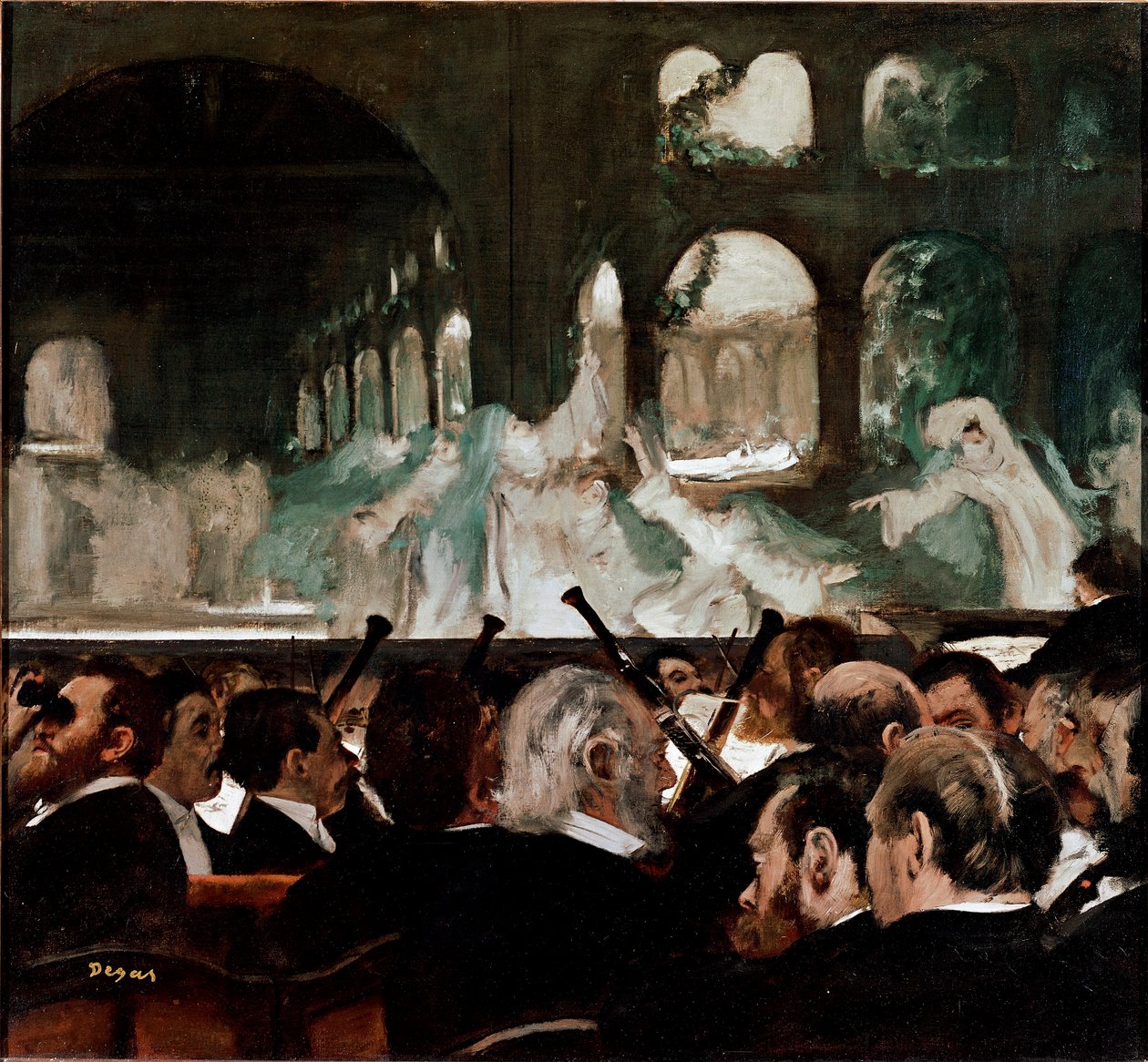 A Robert le Diable”” de Meyerbeer”” baletten Jakob (Giacomo) Liebmann Meyerbeer (1791-1864) és Eugene Scribe komponálta. Az első sor nézői. Edgar Degas (1834-1917) festménye 1876 V. 75x81 cm London, Victoria and Albert Museum alkotó: Edgar Degas