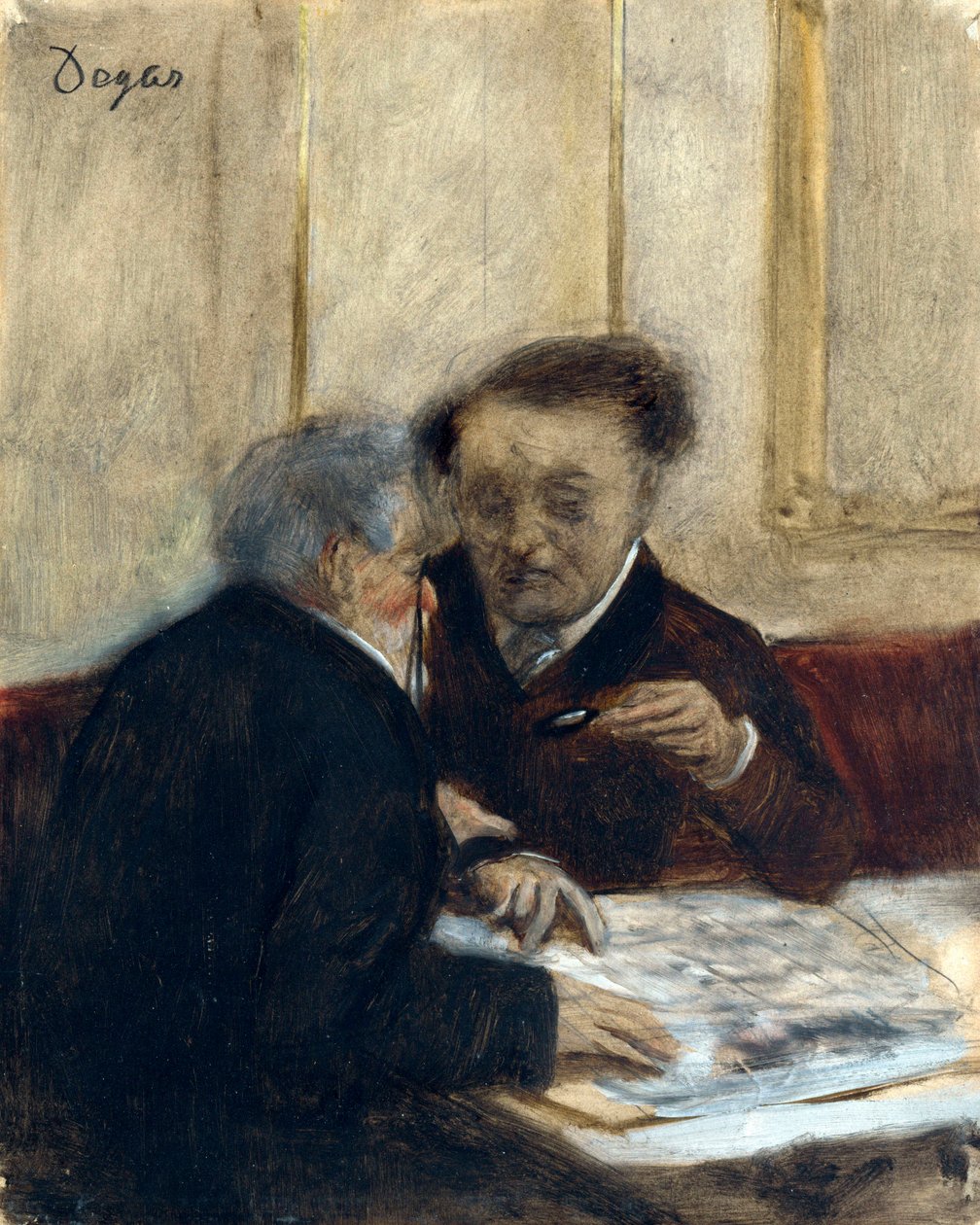 ""A Chateaudun kávézóban"" Edgar Degas (1834-1917) festménye 1870 körül. Mérete 23,7x19 cm Londoni Nemzeti Galéria alkotó: Edgar Degas