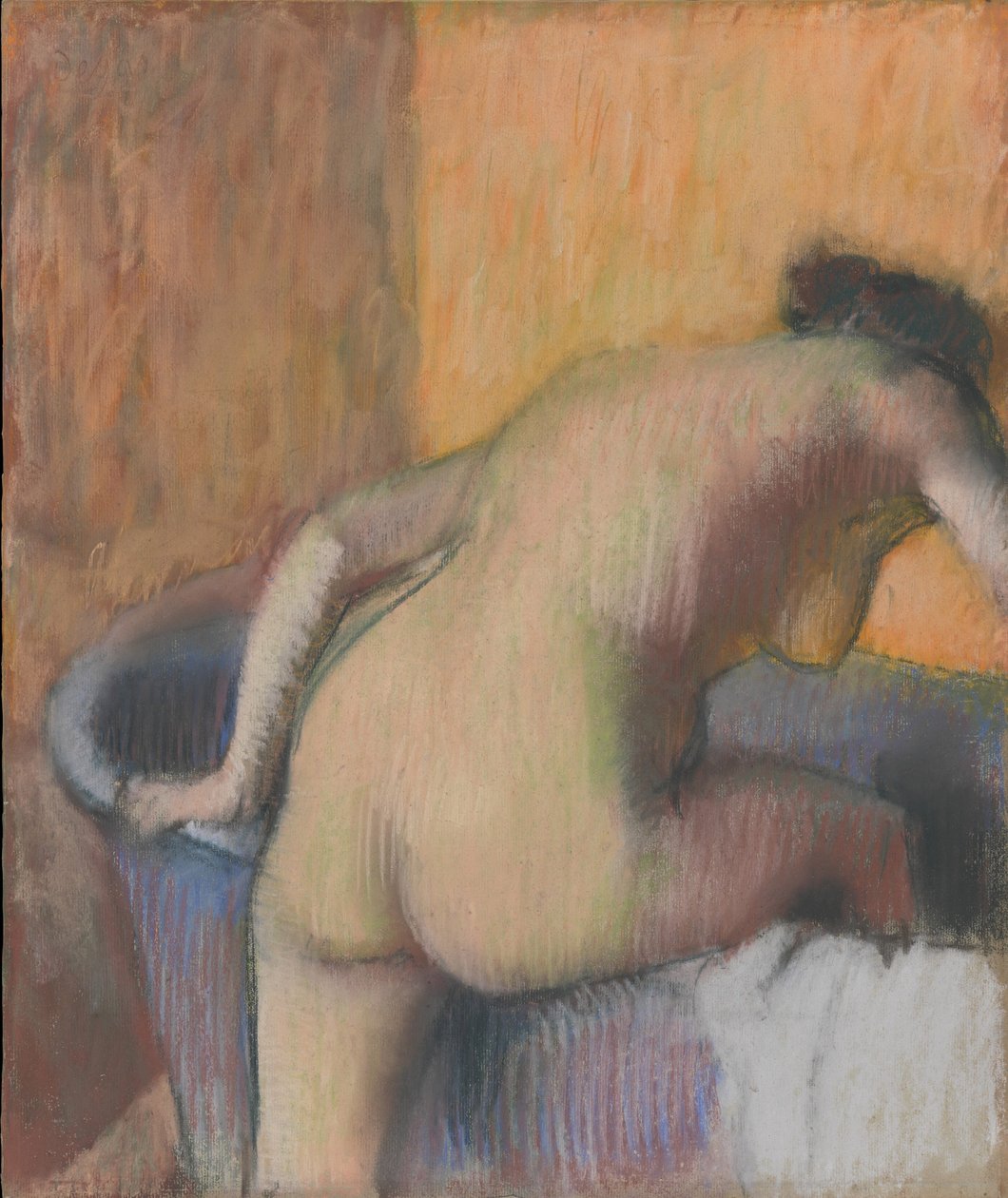 Fürdős kádba lépve, 1890 körül (pasztell és faszén, kék fektetett papíron, hátlapra szerelve) alkotó: Edgar Degas