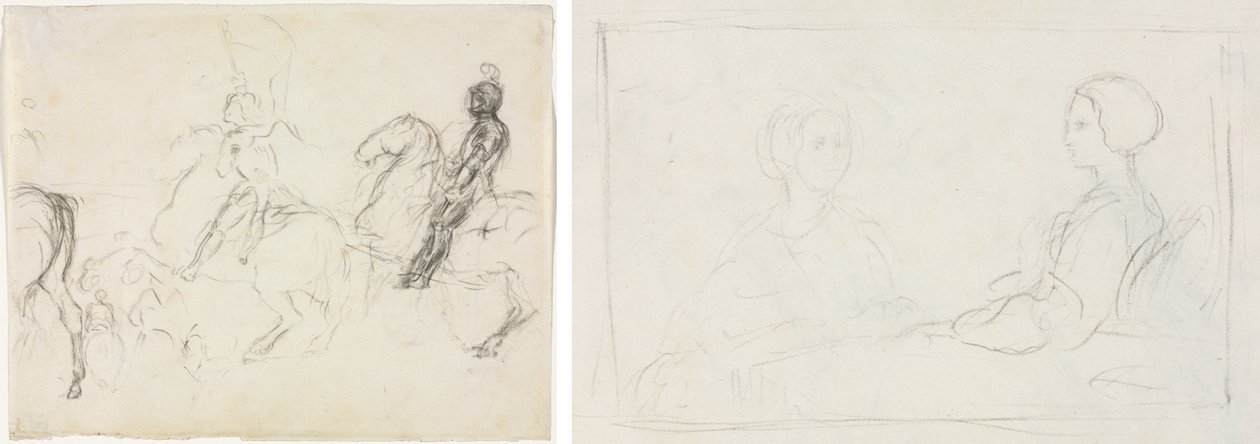 Csatajelenet páncélos figurákkal lóháton (recto) Két ülő nő (verso) alkotó: Edgar Degas
