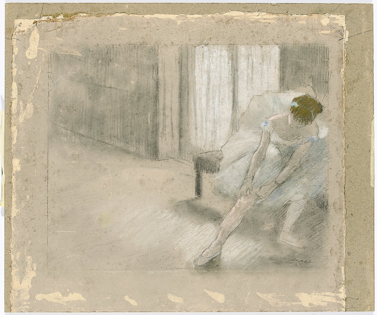 Táncos ülve, Harisnyát igazít, Danseuse tirant son maillot alkotó: Edgar Degas