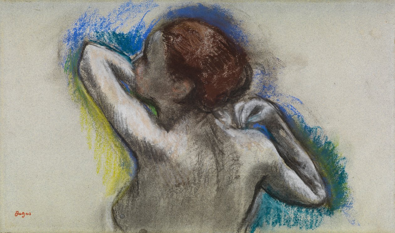 Vállpántját igazgató táncosnő, 1895-1900 körül (faszén és pasztell papíron) alkotó: Edgar Degas