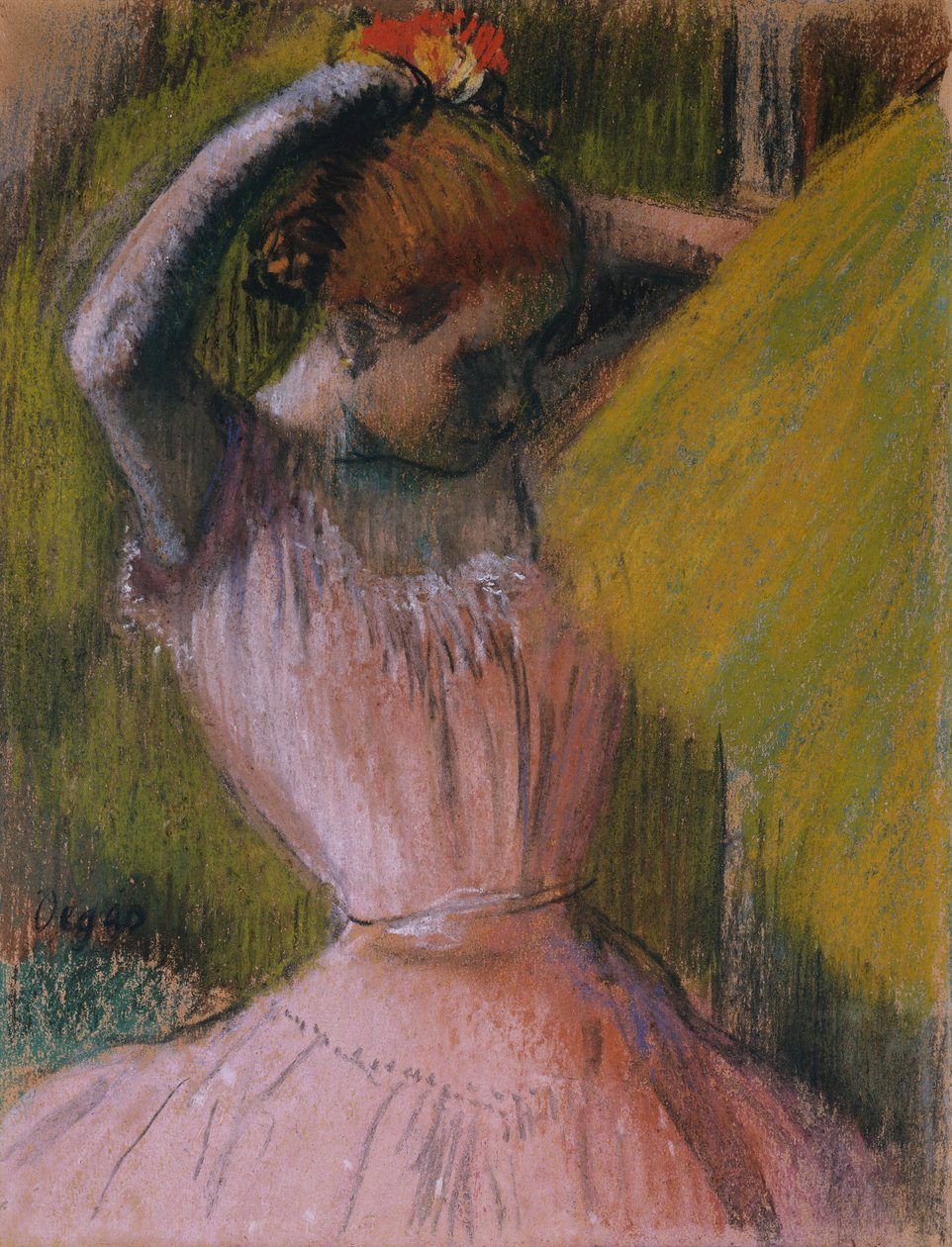 Haját rendező táncosnő, 1900-1912 körül (kinyújtott papírra fektetett pasztell) alkotó: Edgar Degas