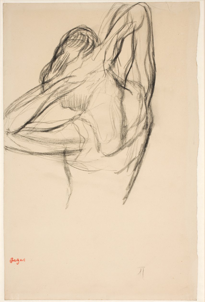 Táncosnő, féltesttel, a feje mögött keresztbe tett karokkal, 1890 körül (ceruza, papír) alkotó: Edgar Degas