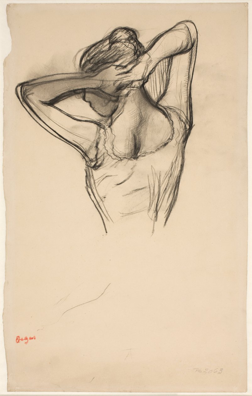 Táncosnő, féltesttel, a feje mögött keresztbe tett karokkal, 1890 körül (ceruza, papír) alkotó: Edgar Degas