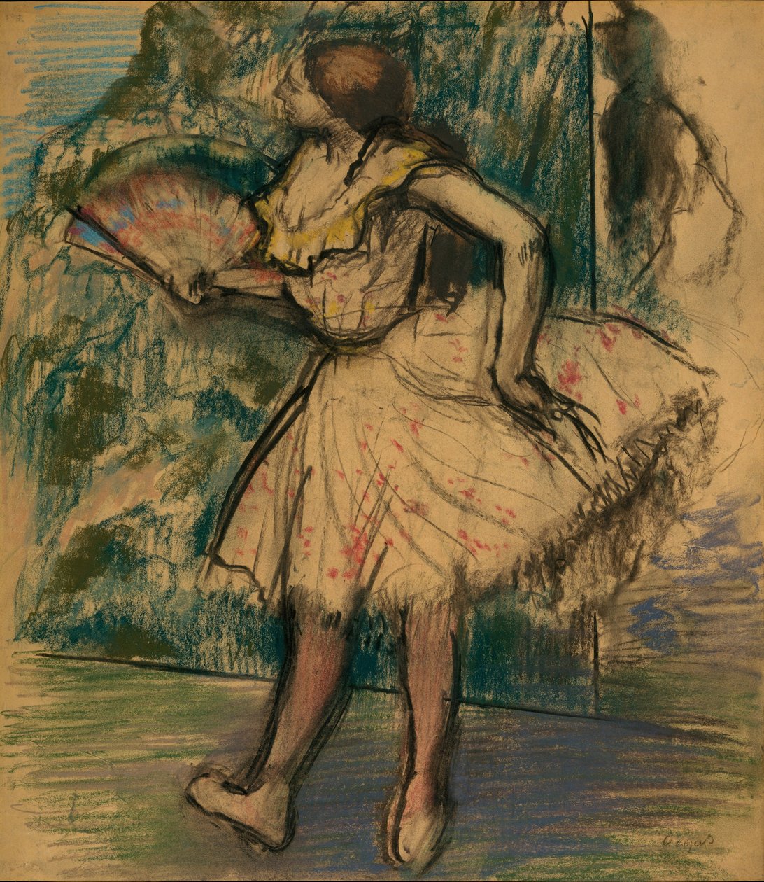 Táncos legyezővel, 1890-95 körül (pasztell és faszén szőtt színű pauszpapíron) alkotó: Edgar Degas