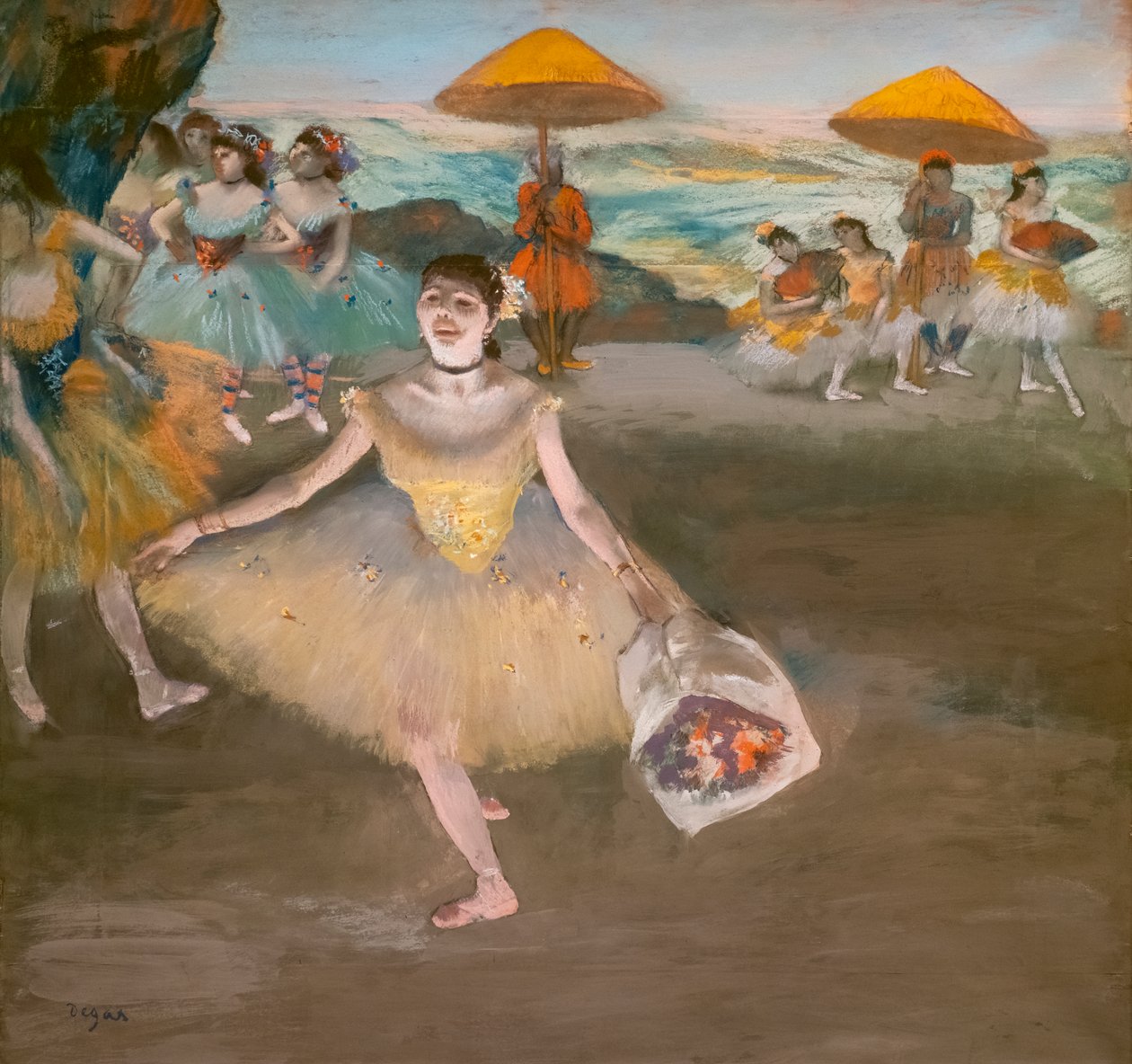 Táncosnő tisztelgő csokorral. 1878. Pasztell, velin papír maroufle, vászon. alkotó: Edgar Degas
