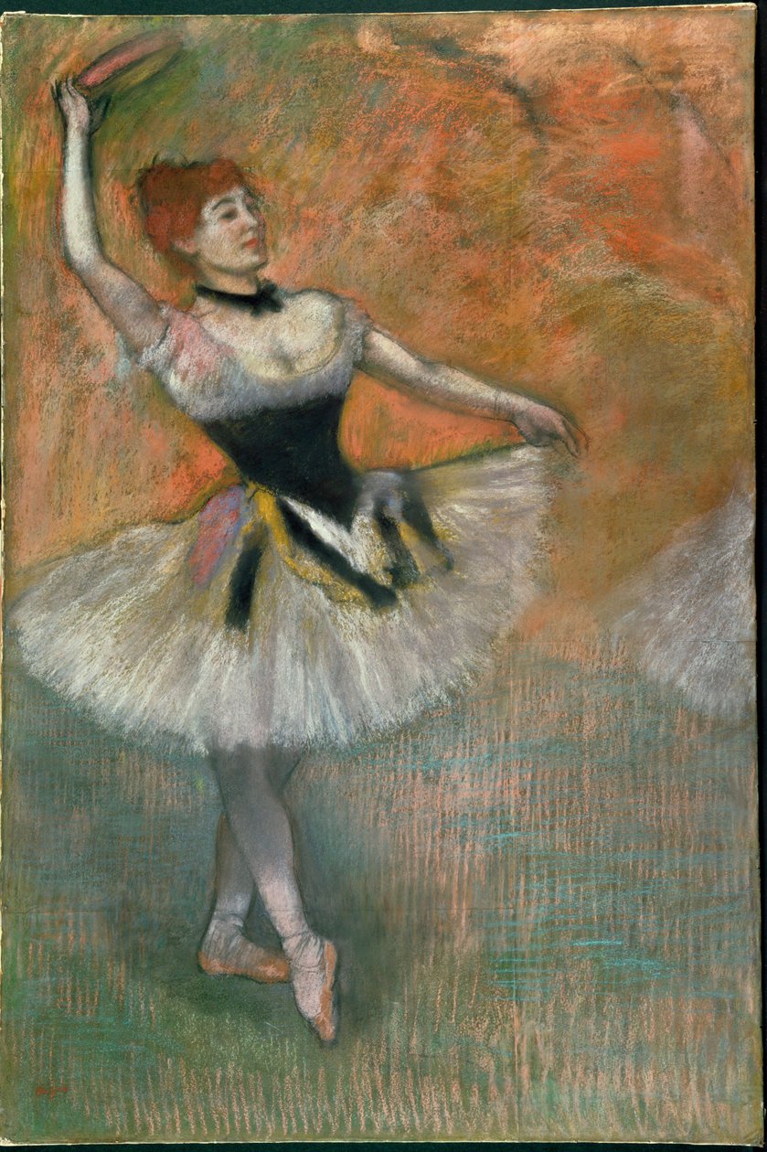 Táncosnő tamburával (pasztell, papír) alkotó: Edgar Degas