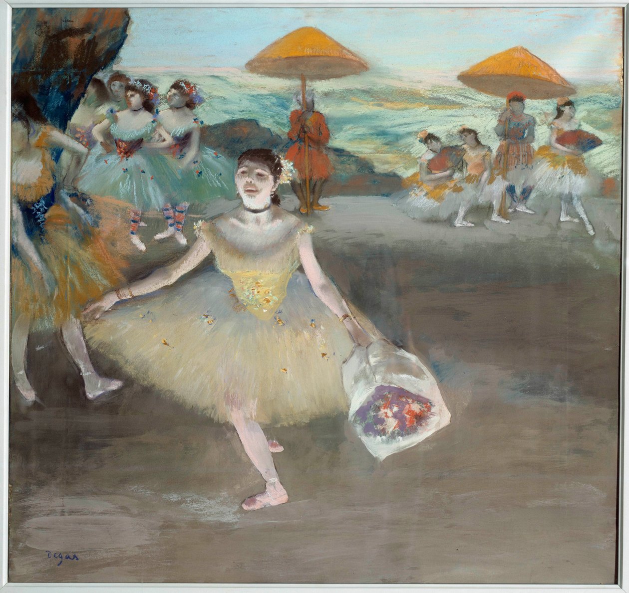 Táncos csokor üdvözlettel a színpadon Edgar Degas (1834-1917) festménye. 1878. V. 0,72x0,77 m Musee d