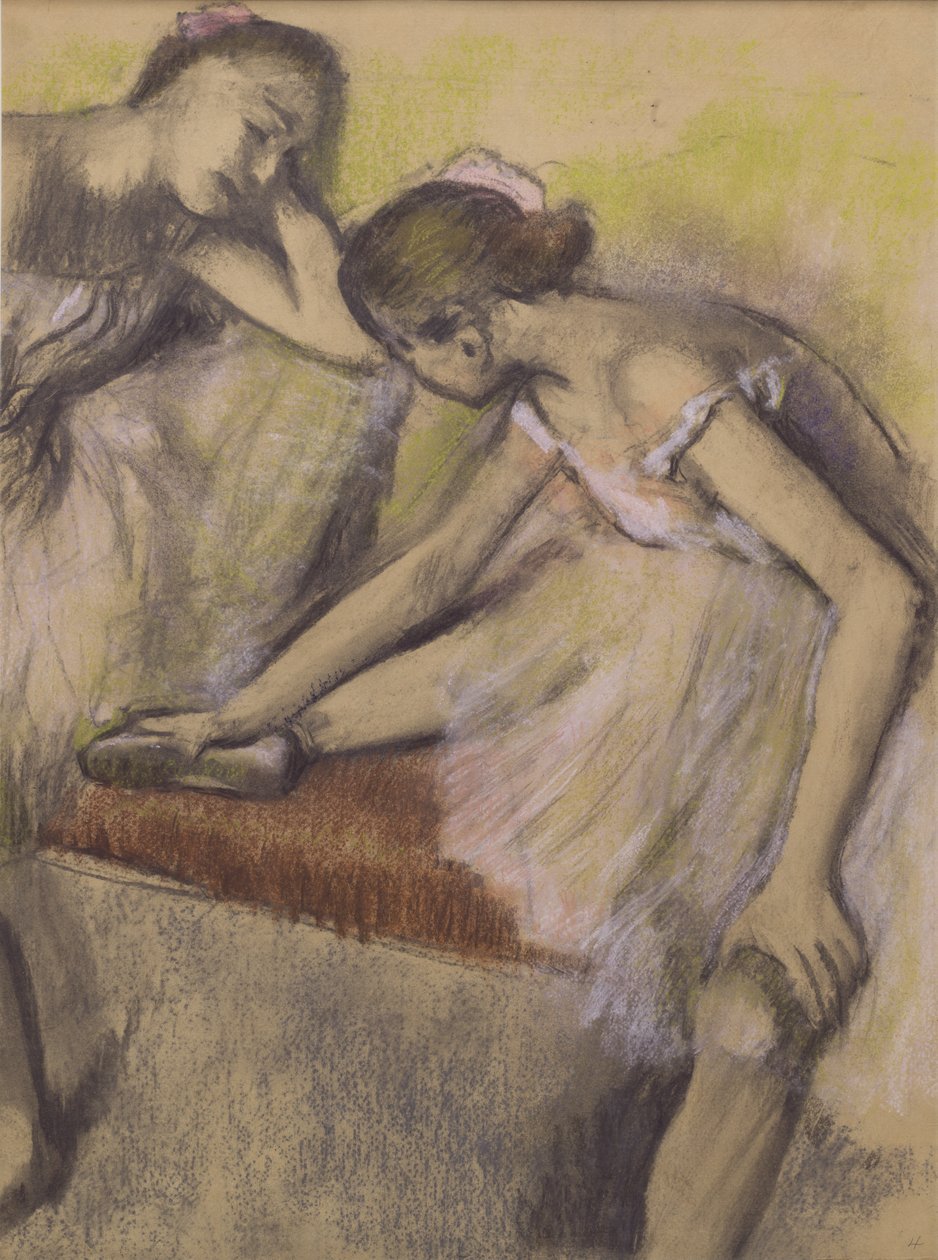 Táncosok nyugalomban, 1898 körül (pasztell és faszén vékony szőtt papíron, teljesen egy vékony tartólaphoz rögzítve) alkotó: Edgar Degas
