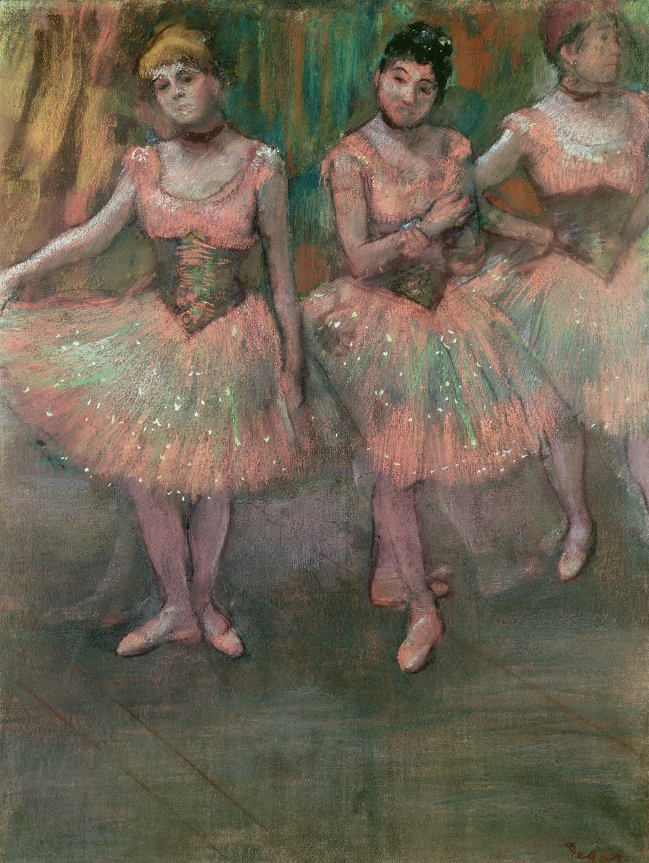Lazacszínű szoknyát viselő táncosok alkotó: Edgar Degas