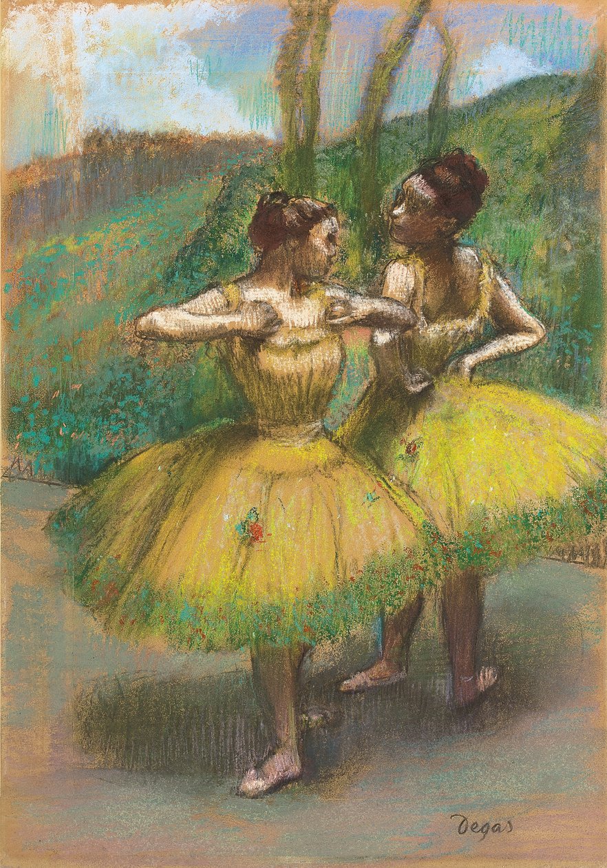 Sárga ruhás táncosok; Danseuses jupes jaunes, 1896 körül (pasztell és faszén egyesített papíron) alkotó: Edgar Degas