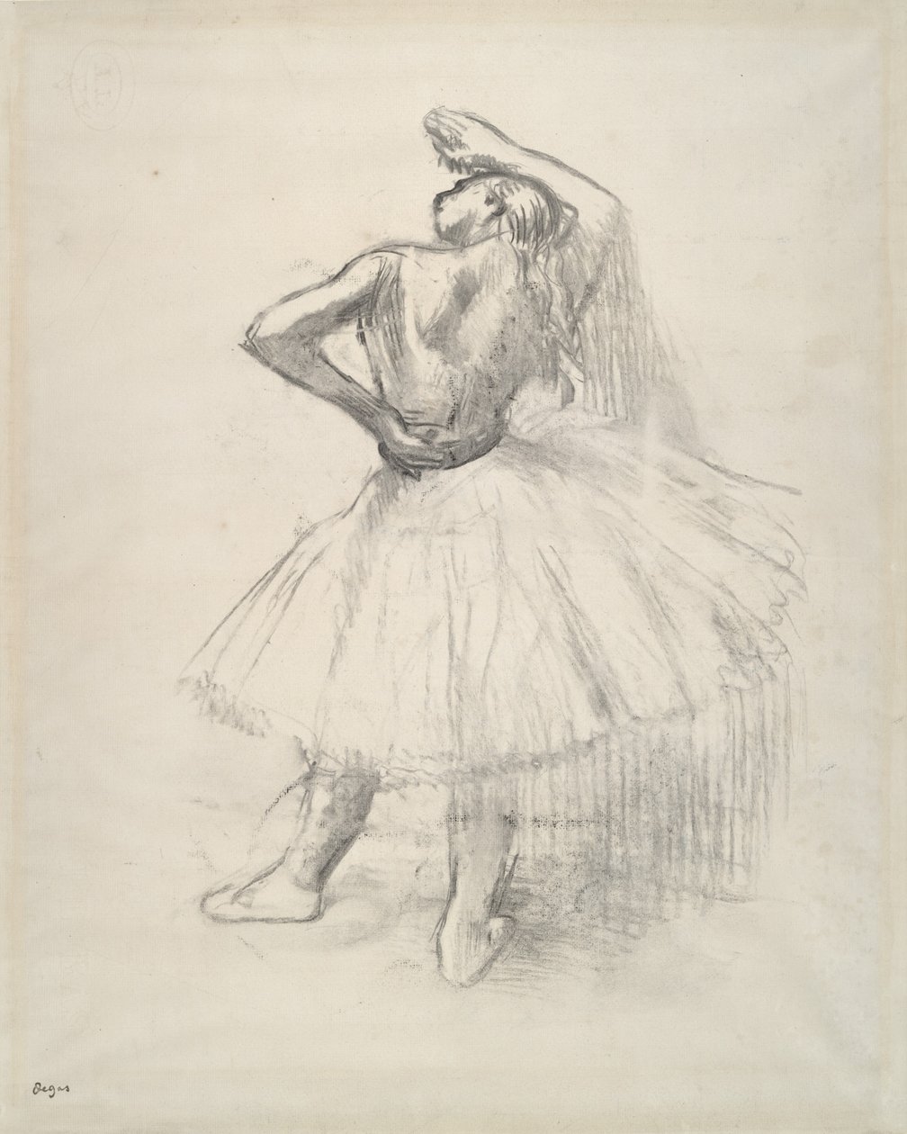 Álló táncos, felemelt jobb karral, 1891 körül (papíron készült rajz ellenellenőrzése) alkotó: Edgar Degas