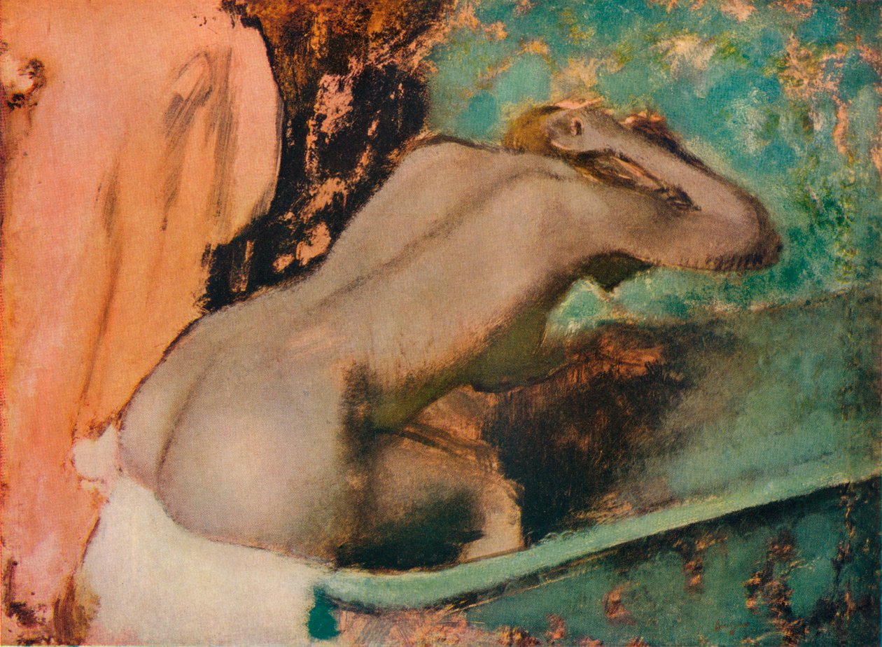 Nő ül a fürdő szélén és feltörli a nyakát, c1880, 1936 alkotó: Edgar Degas