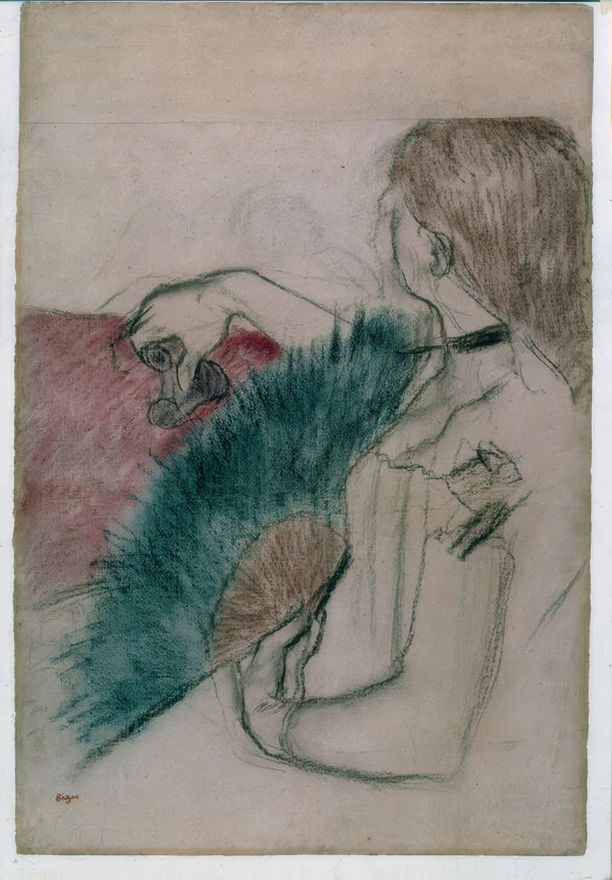 A színházban: nő egy ventilátorral alkotó: Edgar Degas