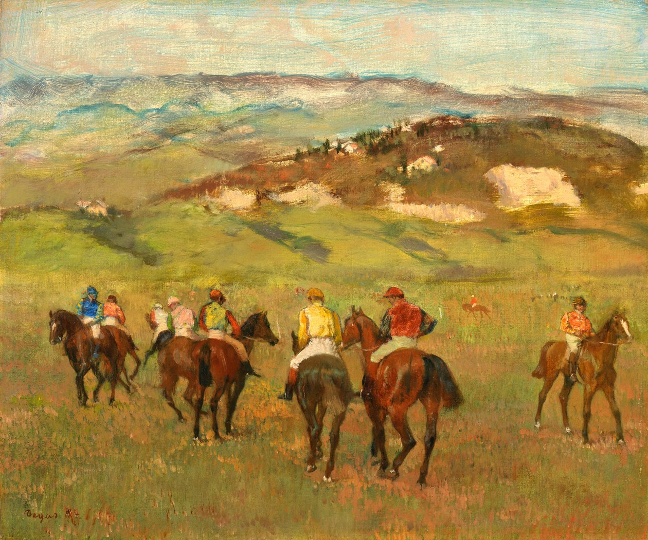 Zsokék lóháton a távoli dombok előtt, 1884 alkotó: Edgar Degas